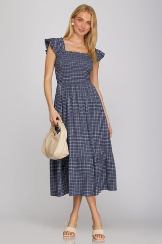She + Sky Dresses Sleeveless Ruffle Strap Check Smocked Midi Dress