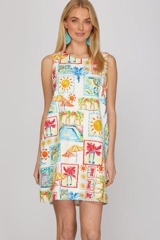 She + Sky Dresses Sleeveless Woven Print A-line Dress w/Pockets