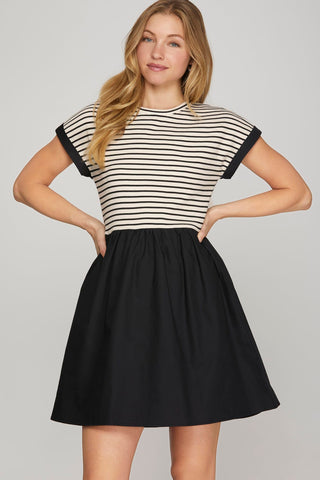 She + Sky Dresses Sm Contrast Cap Sleeve Striped Knit Top & Woven Skirt Combo