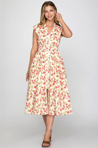 She + Sky Dresses Sm Drop Shoulder Smocked Waist Front Zip Midi Dress