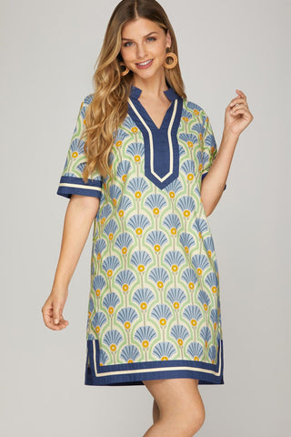 She + Sky Dresses Sm Short sleeve Printed Dress w/Solid Trim