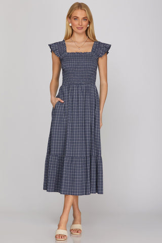 She + Sky Dresses Sm Sleeveless Ruffle Strap Check Smocked Midi Dress