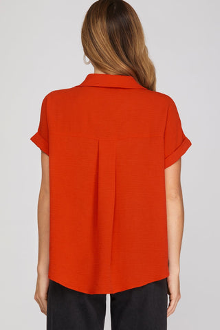 She + Sky Tops - Blouse Drop Shoulder Collared Top Red