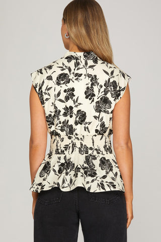 She + Sky Tops - Blouse Drop Shoulder Smocked Waist Front Zip Printed Top