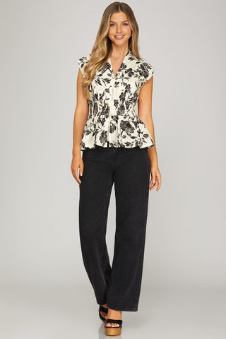 She + Sky Tops - Blouse Drop Shoulder Smocked Waist Front Zip Printed Top