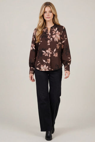 She + Sky Tops - Blouse Floral Print Split Neck Long Sleeve Blouse