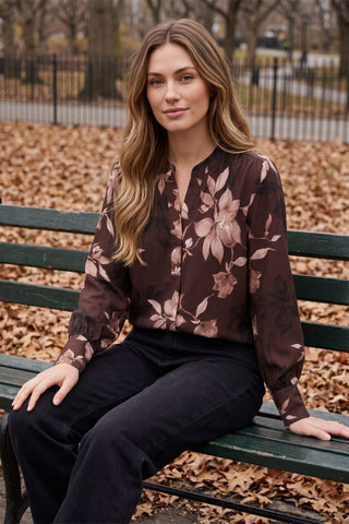 She + Sky Tops - Blouse Floral Print Split Neck Long Sleeve Blouse