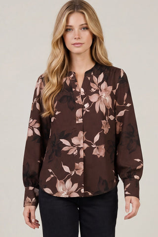 She + Sky Tops - Blouse Sm Floral Print Split Neck Long Sleeve Blouse