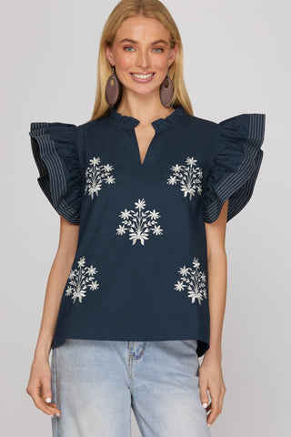 She + Sky Tops - Blouse Sm Ruffle Sleeve w/Embroidery Detail