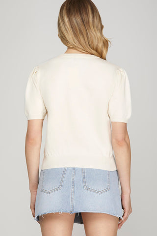 She + Sky Tops - Sweaters Short Sleeve Heart American Flag Sweater