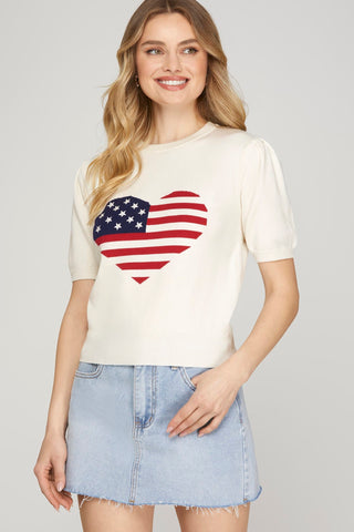 She + Sky Tops - Sweaters Sm Short Sleeve Heart American Flag Sweater