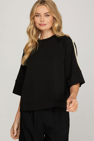 She + Sky Tops - Sweatshirt Sm Half Sleeve Soft Knit Top w/Contrast Tape