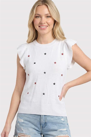 Staccato Tops - Sweaters July 4th Star Embroidered Ruffle Sleeve Sweater