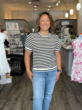 Staccato Tops - Sweaters Sm Crew Neck Puff Sleeve Striped Sweater Black