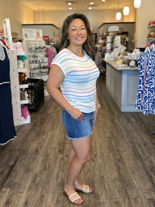 Staccato Tops - Sweaters Striped Multi Color Short Sleeve Sweater