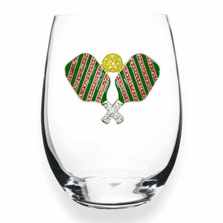The Queens' Jewels Home - Drinkware Pickleball w/paddles Jeweled Stemless Wine Glass