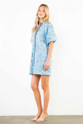 THML Dresses Puff Sleeve Embroidered Dress w/Ruffle Collar