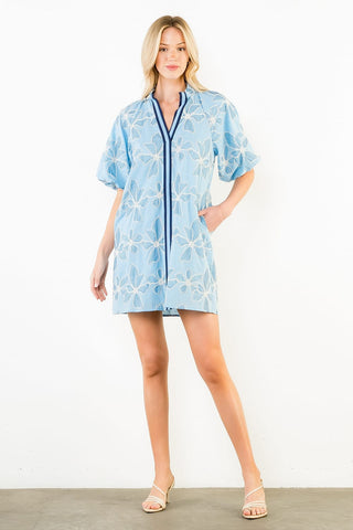THML Dresses Xsm Puff Sleeve Embroidered Dress w/Ruffle Collar