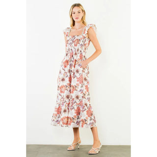 THML Dresses Xsm Ruffled Sleeve Floral Midi Dress