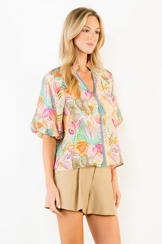 THML Tops - Blouse Bubble Sleeve Floral Printed V-Neck Top