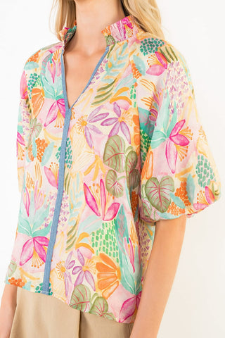 THML Tops - Blouse Bubble Sleeve Floral Printed V-Neck Top