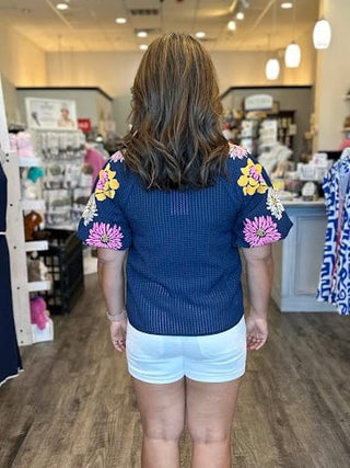 THML Tops - Blouse Floral Embroidery Puff Sleeve Textured Top