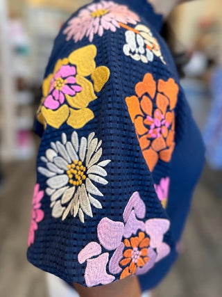 THML Tops - Blouse Floral Embroidery Puff Sleeve Textured Top