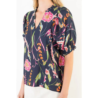 THML Tops - Blouse Floral Print Short Sleeve V-Neck Top