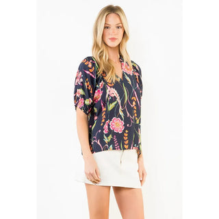 THML Tops - Blouse Floral Print Short Sleeve V-Neck Top