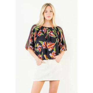THML Tops - Blouse Puff Sleeve Floral Blouse Bubble Hem