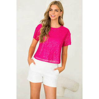 THML Tops - Blouse Sequin Short Sleeve Top Hot Pink