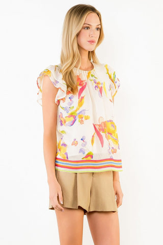 THML Tops - Blouse Short Ruffled Sleeve Floral Top