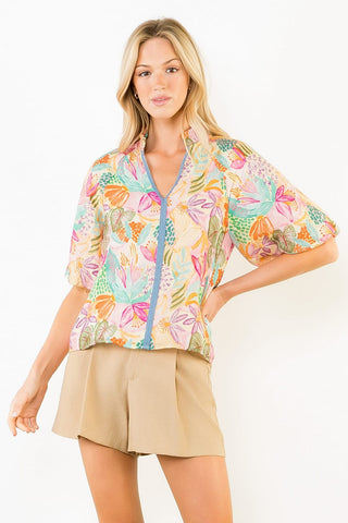 THML Tops - Blouse Xsm Bubble Sleeve Floral Printed V-Neck Top