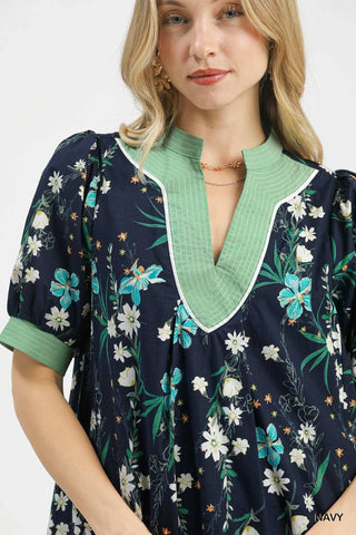 Umgee Dresses Floral Puff Sleeve Dress w/Contrast Trim