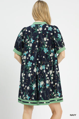 Umgee Dresses Floral Puff Sleeve Dress w/Contrast Trim