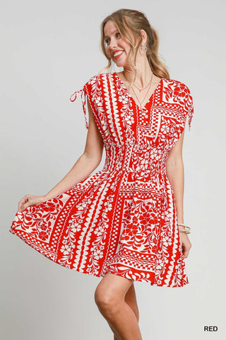 Umgee Dresses Sm Print Smocked Waist Dress