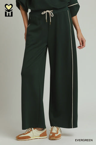 Umgee Loungewear- Sleepwear - Bottoms Sm Contrast Piping Wide Leg Pants Evergreen