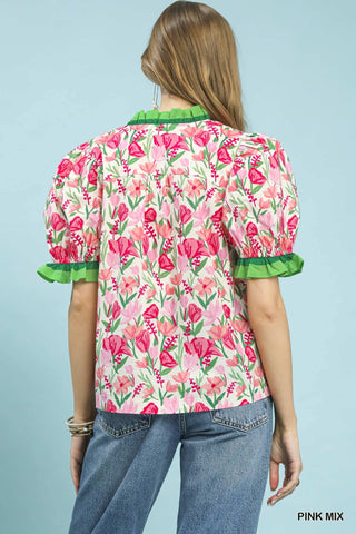 Umgee Tops - Blouse Floral Ruffle Trim Puff Sleeve Blouse