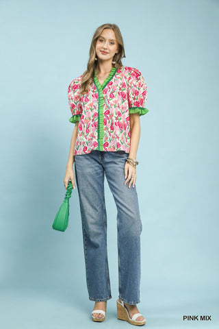 Umgee Tops - Blouse Floral Ruffle Trim Puff Sleeve Blouse