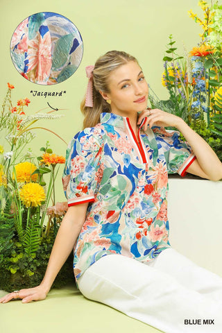 Umgee Tops - Blouse Jacquard Bloomscape Print Top