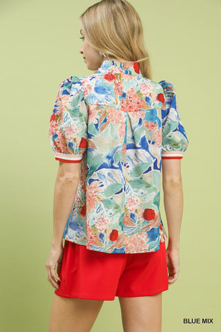 Umgee Tops - Blouse Jacquard Bloomscape Print Top