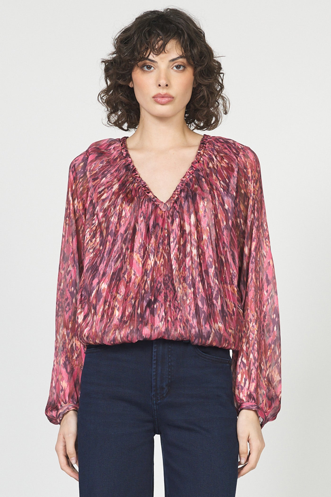 Sale Piaf Print w/Lurex Balloon Sleeve Top Pomegranate
