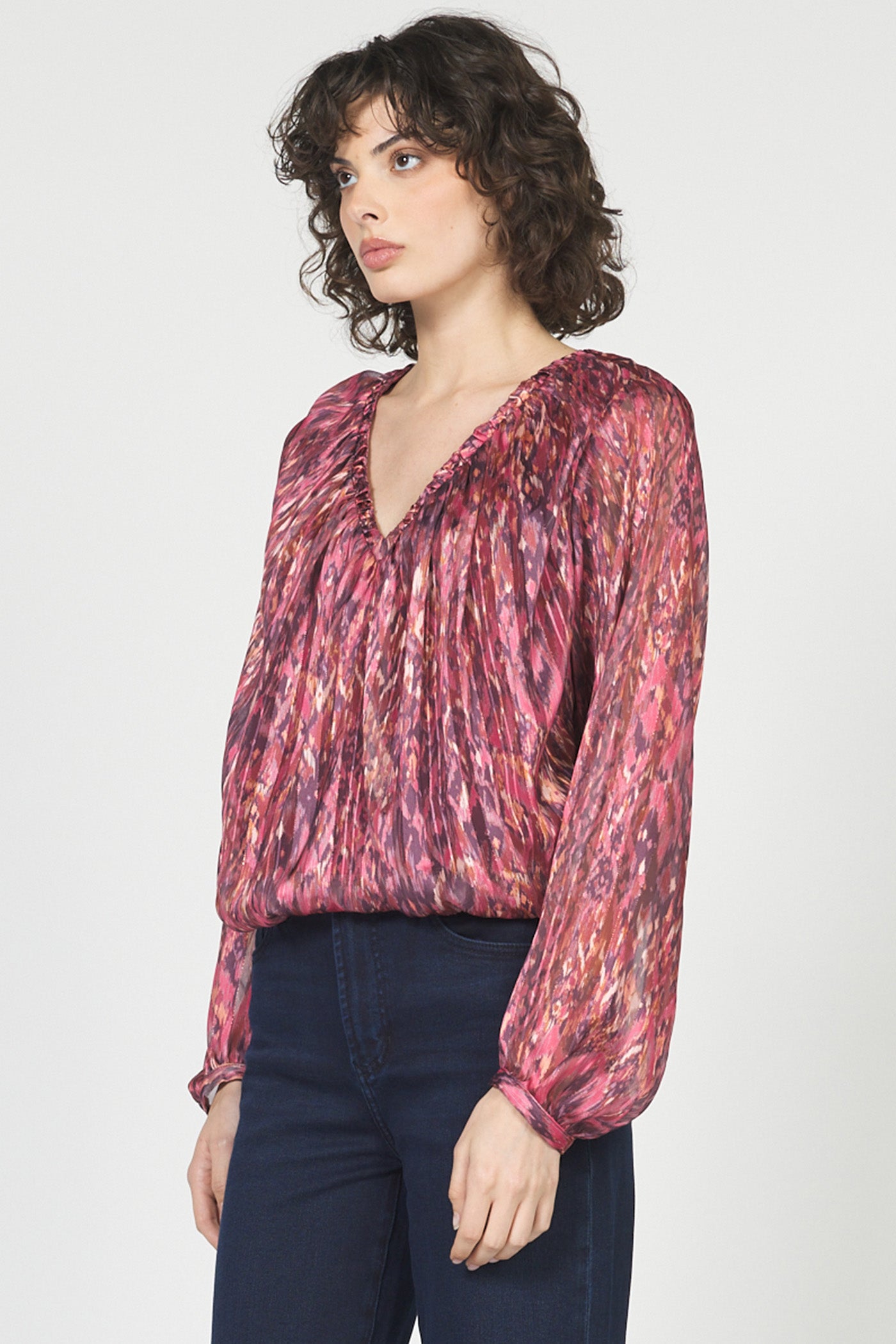 Sale Piaf Print w/Lurex Balloon Sleeve Top Pomegranate