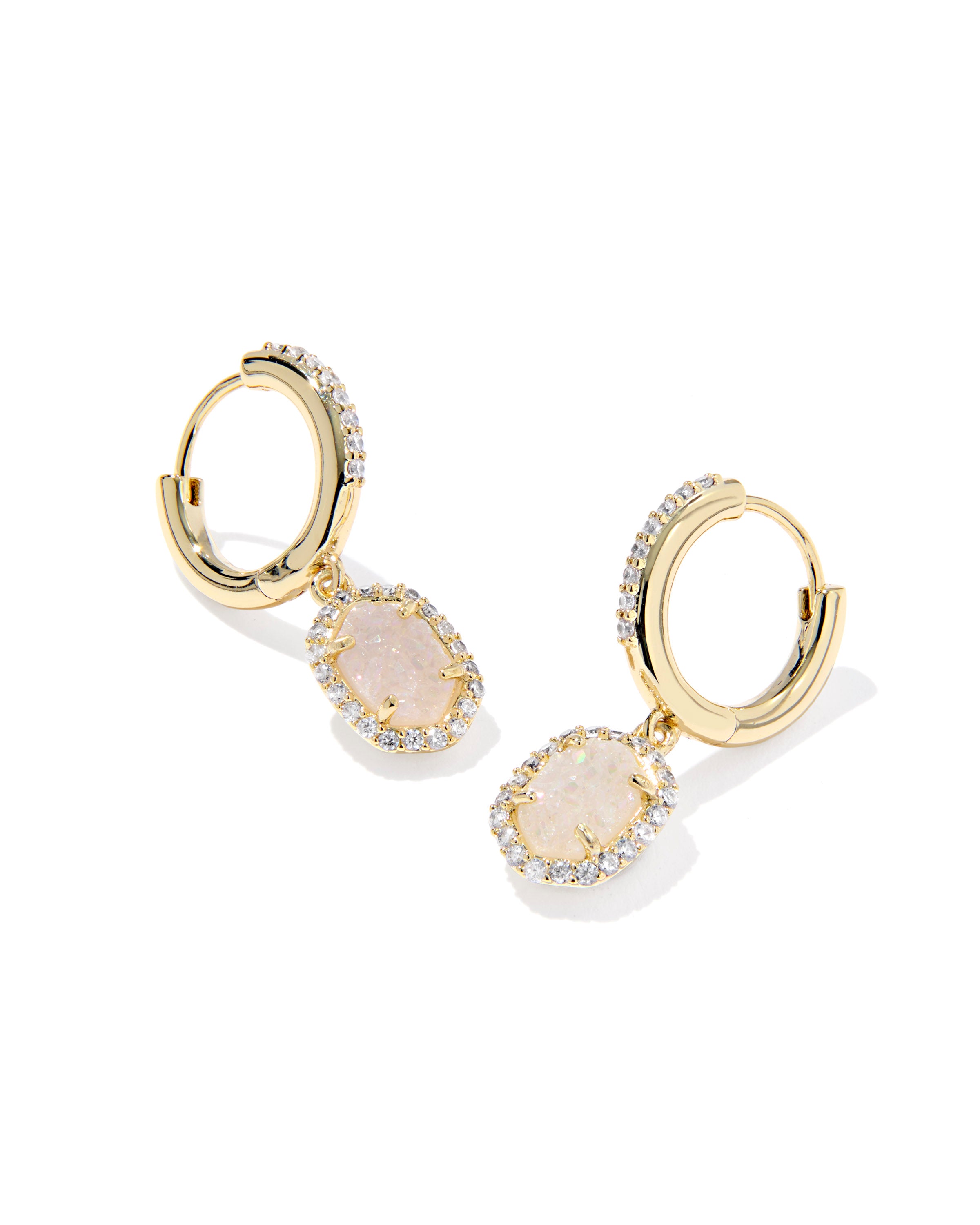 Daphne Gold Crystal Frame Huggie Earrings Iridescent Drusy