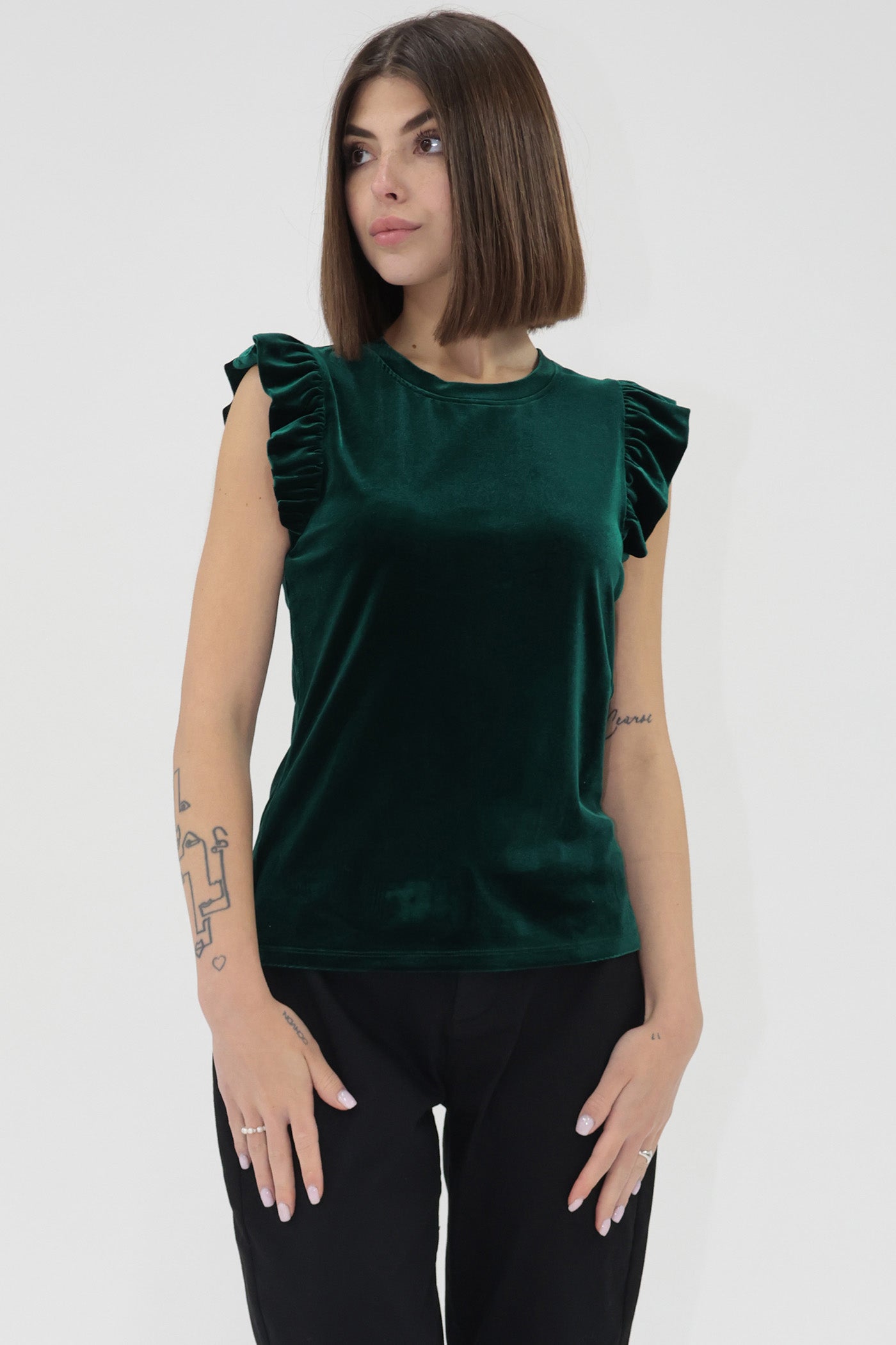 Sale North Ruffle Trimmed Sleeve Velvet Tank