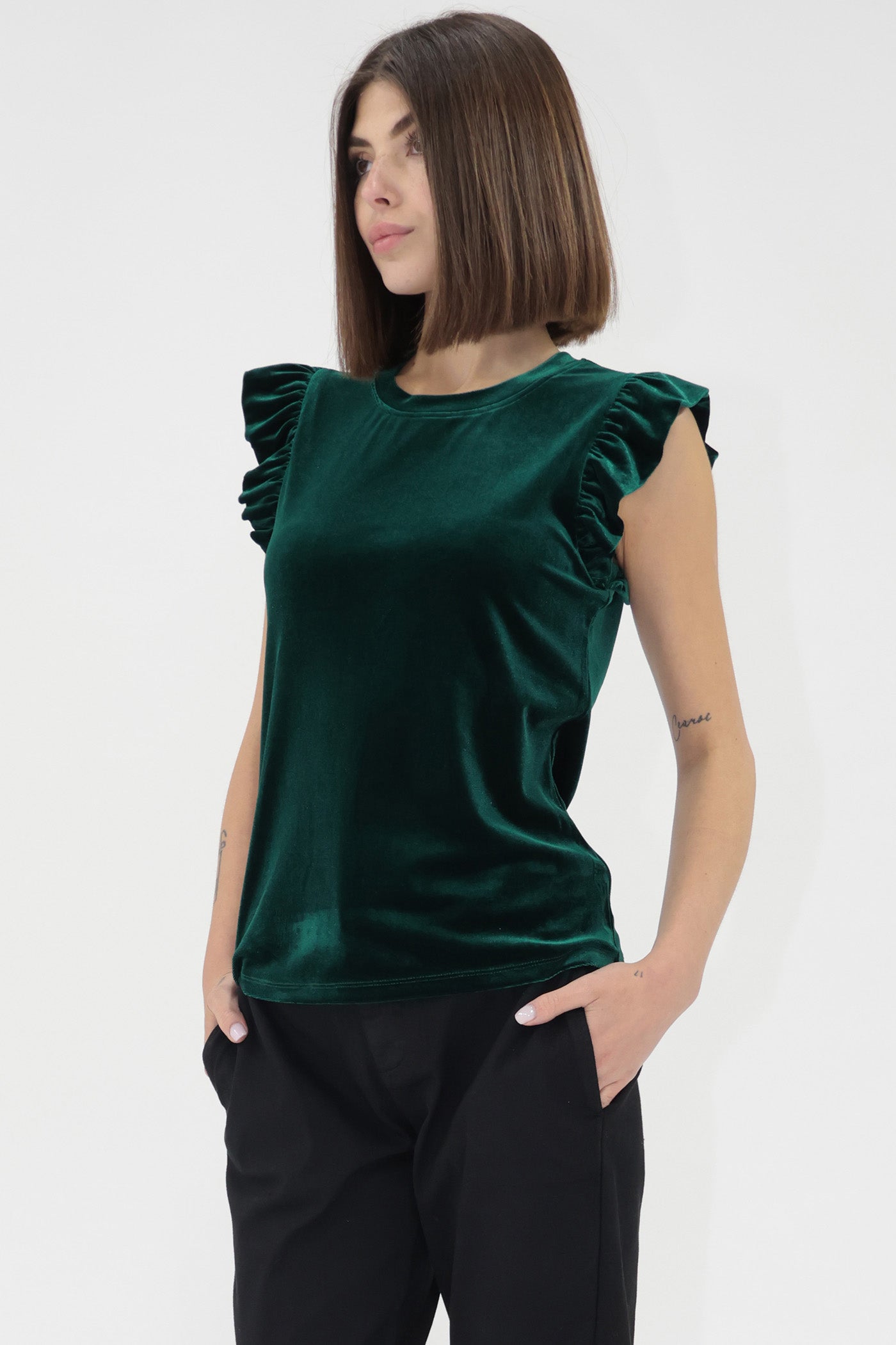 Sale North Ruffle Trimmed Sleeve Velvet Tank