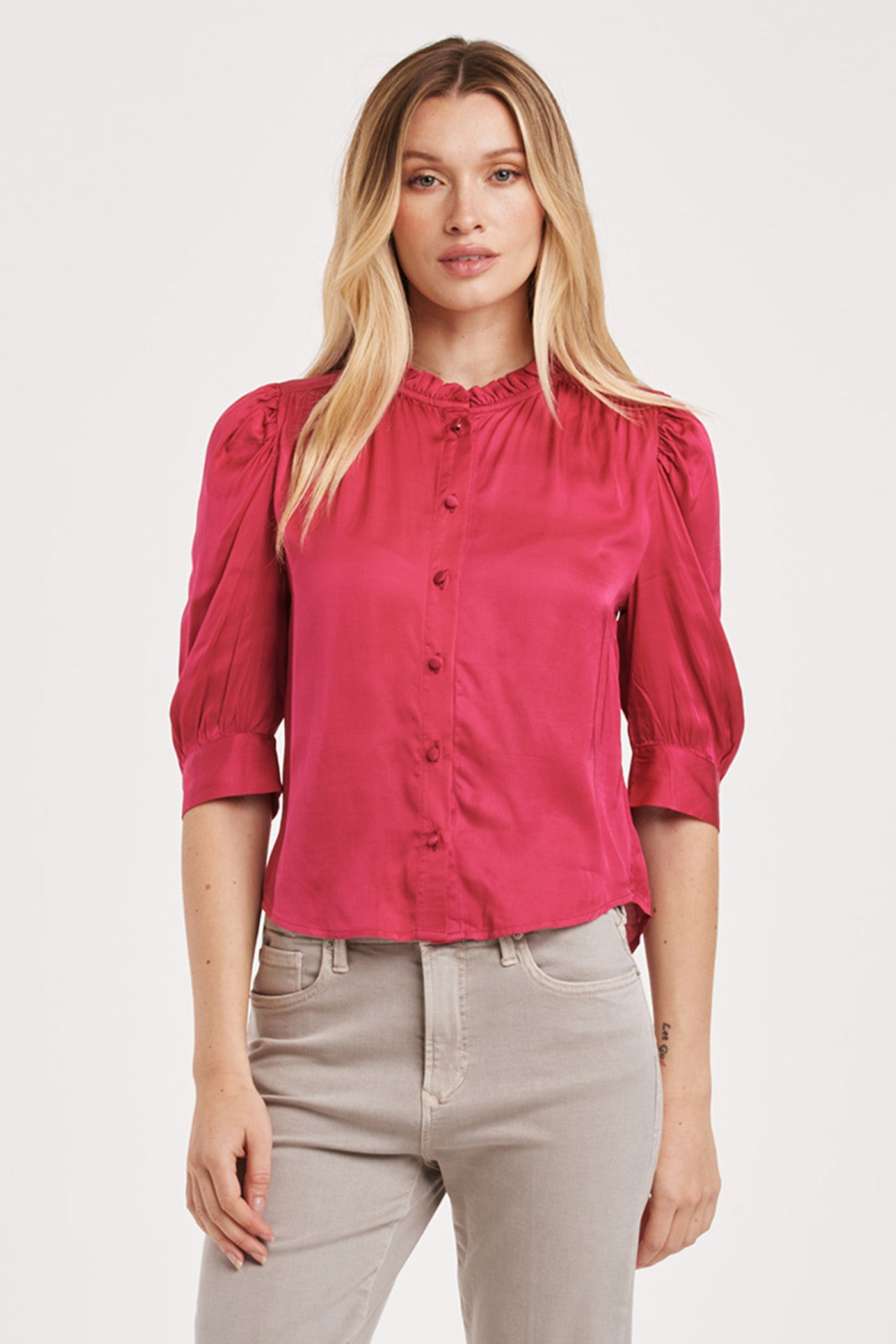 Final Sale Nima Half Sleeve Ruffle Neck Button Blouse Granada
