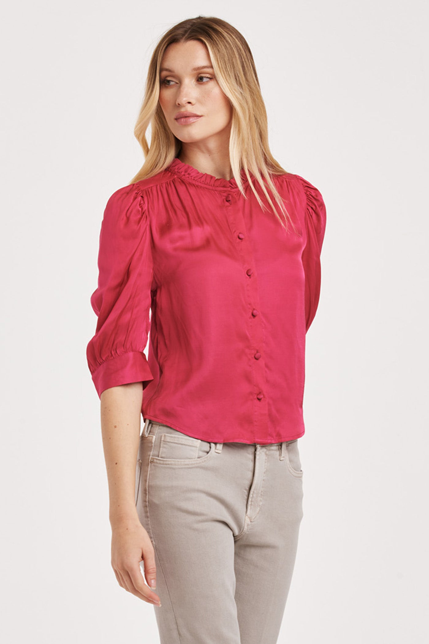 Final Sale Nima Half Sleeve Ruffle Neck Button Blouse Granada