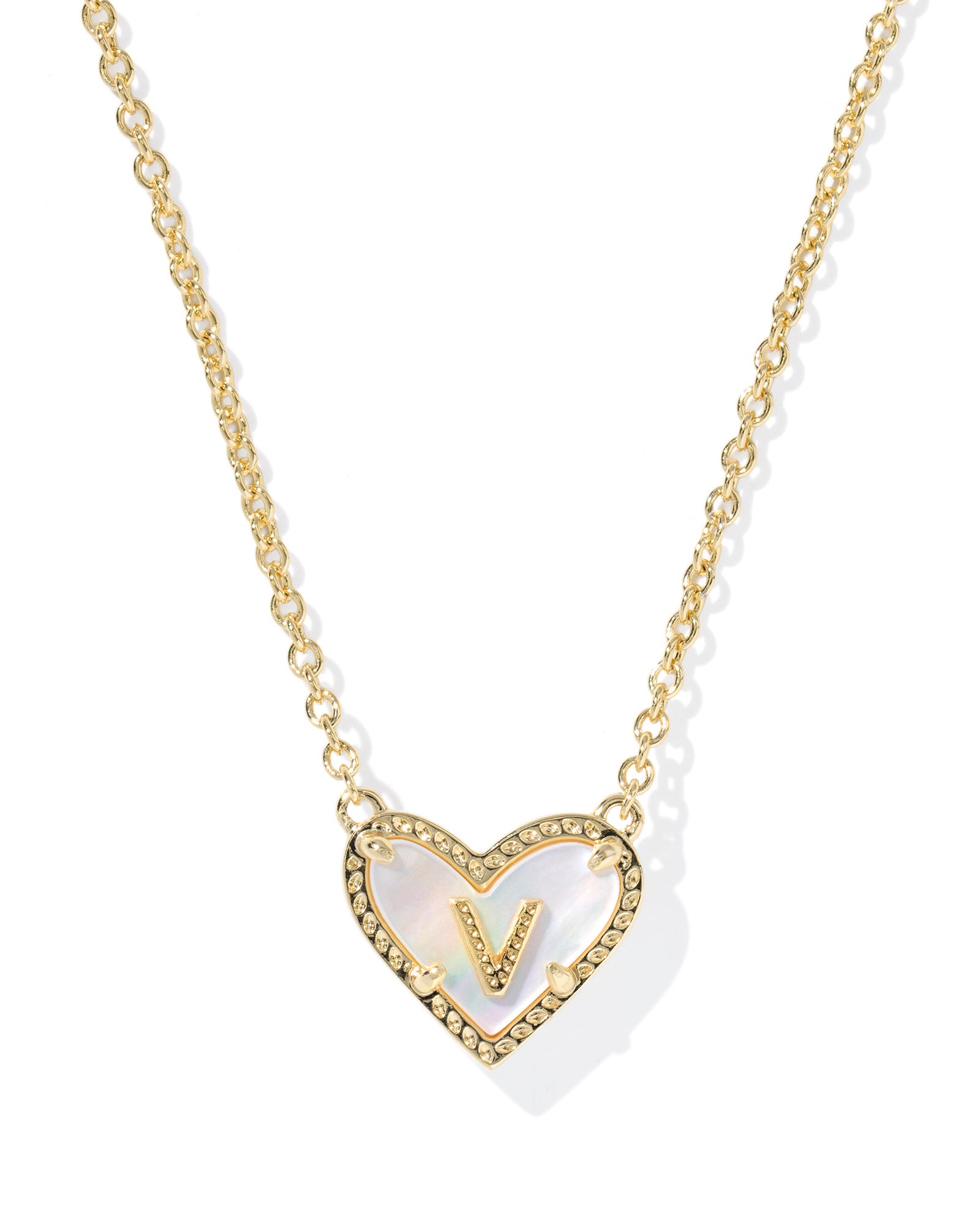 Heart Letter V Gold Ivory MOP Short Pendant Necklace
