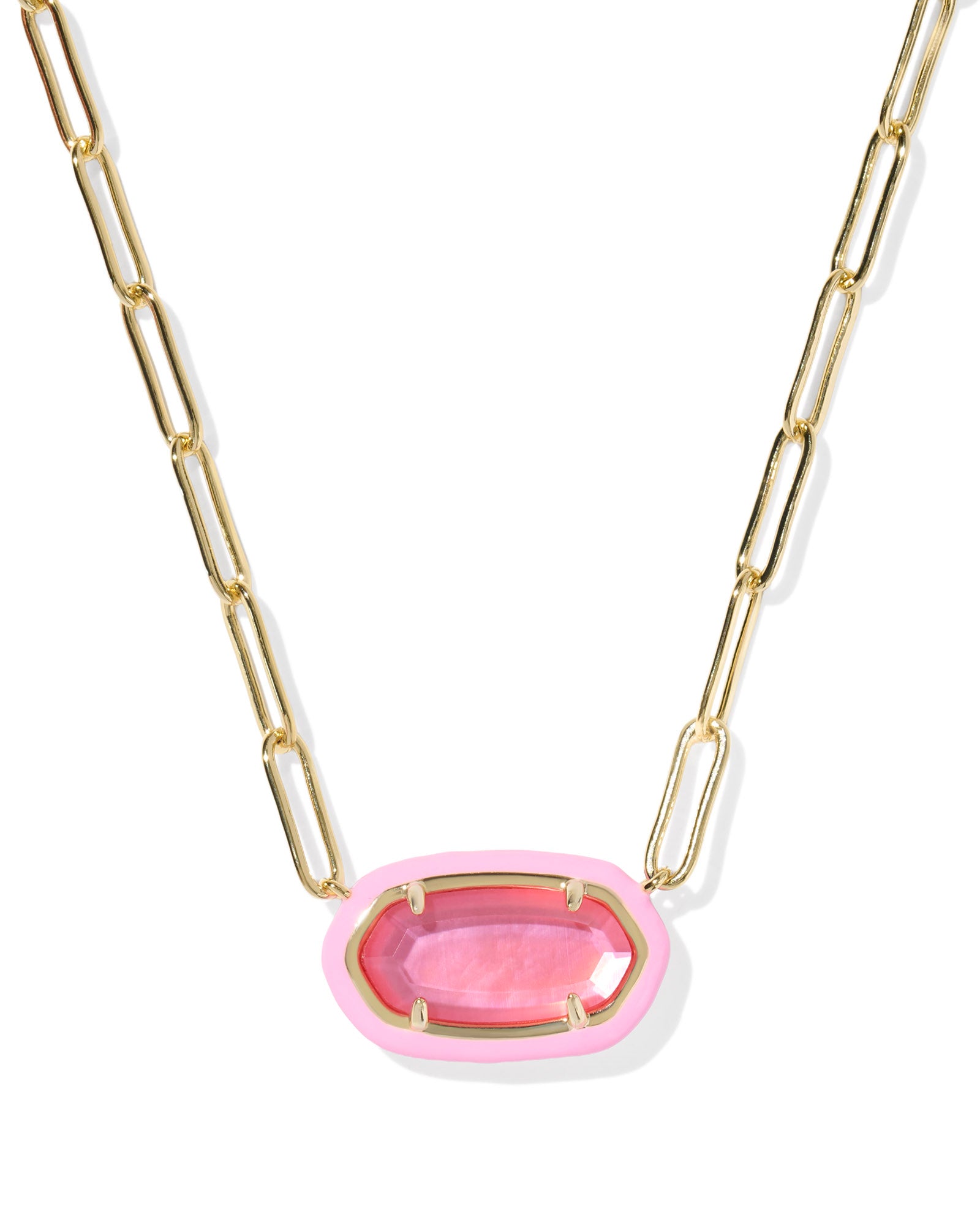 Elisa Enamel Frame Gold Paperclip Necklace Bright Pink